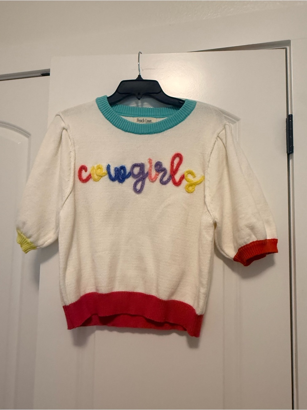 Peach Love California Cream Pullover with Multicolor 'cowgirls' Embroidery